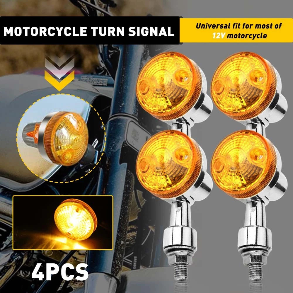 Set of 4 Chrome 12V Amber Turn Signal Indicator Lights for Universal Motorcycle