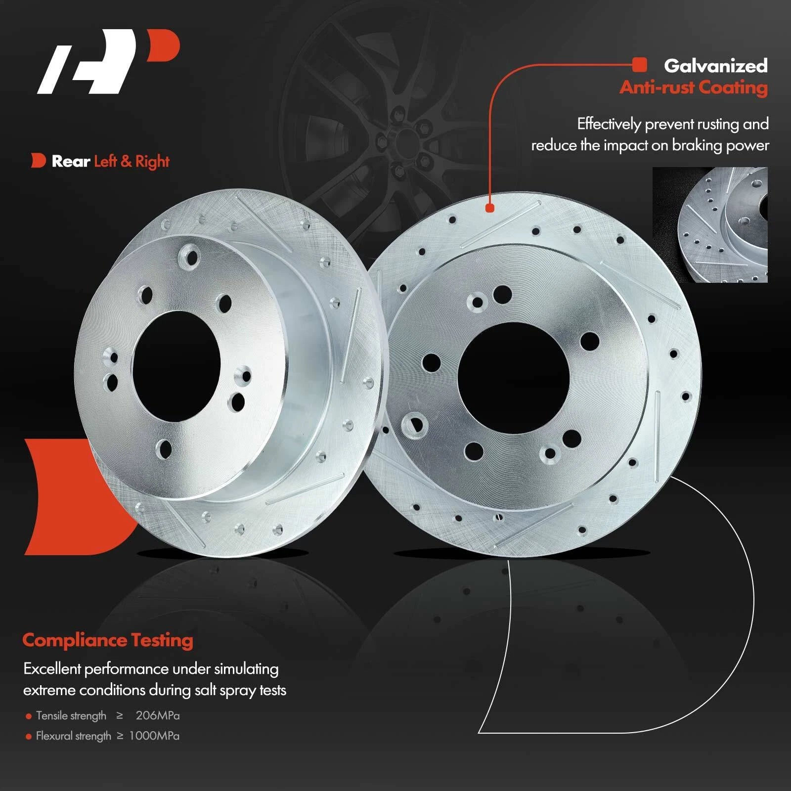 Set of 8 Rear Drilled Brake Rotors, Pads & Calipers for Kia Forte (2010–2013)