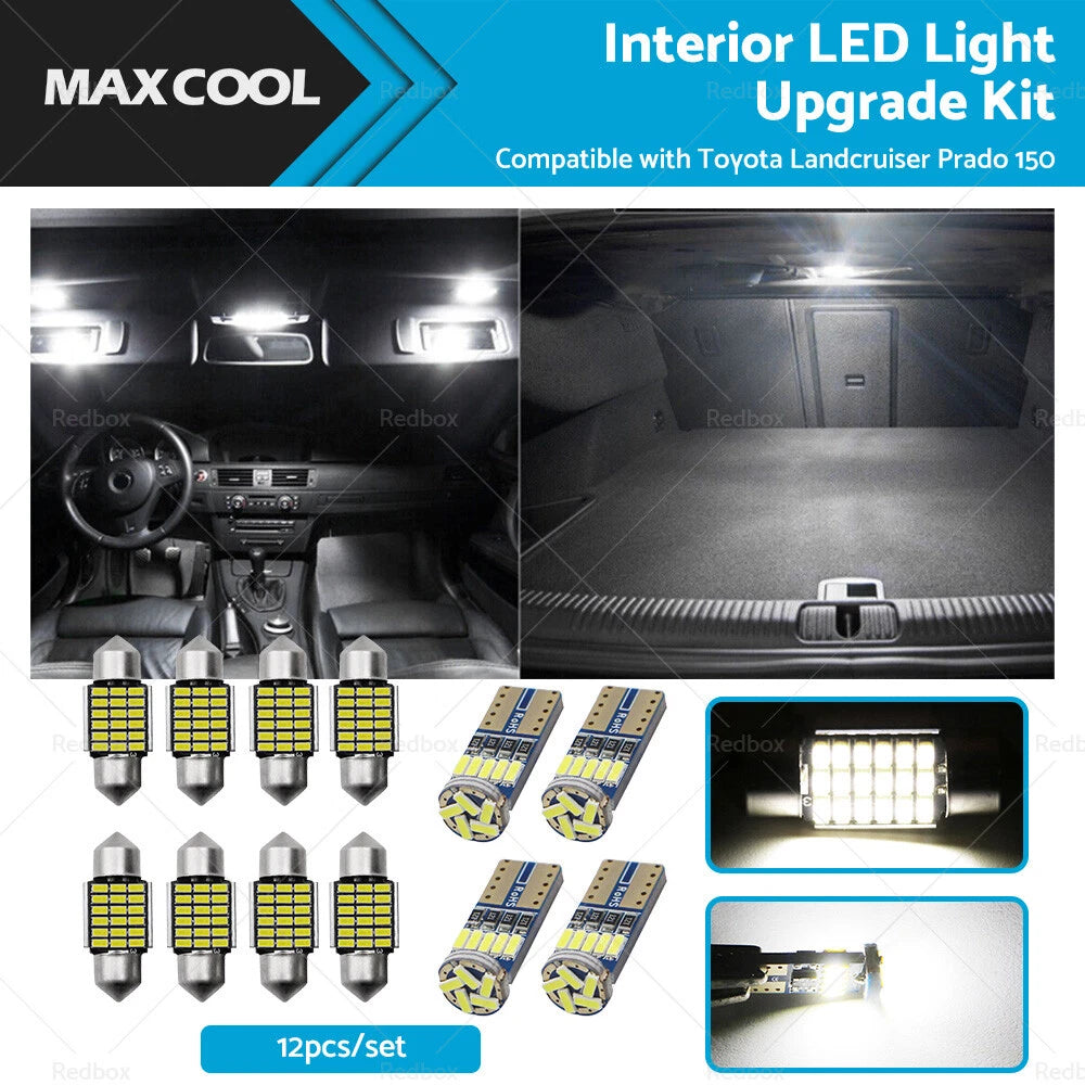 12Pcs LED Interior Light Upgrade Kit for Toyota Landcruiser Prado 150 (2009–2023)