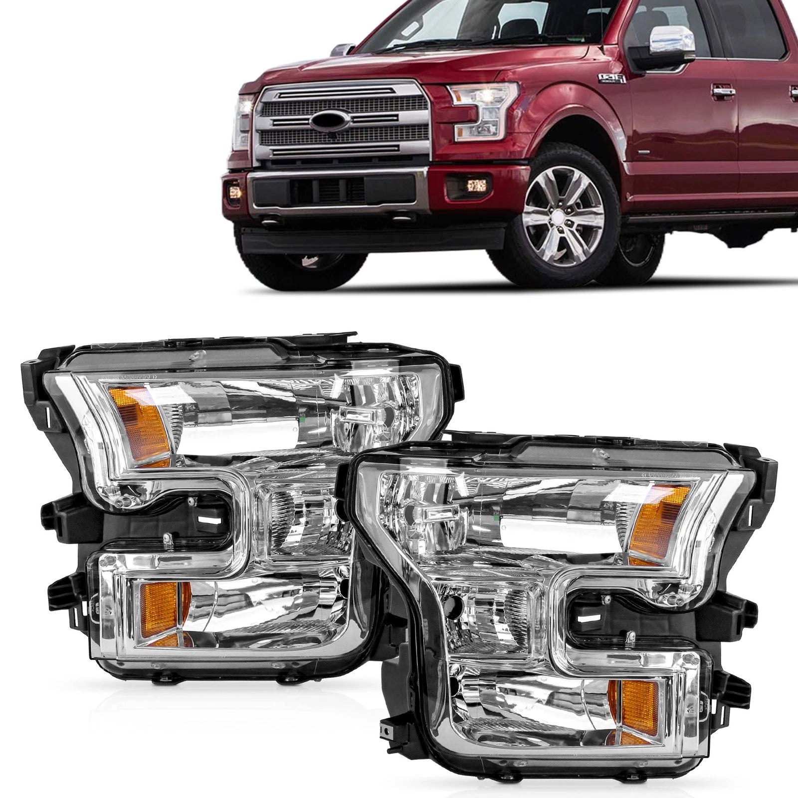 Headlight Without Bulbs for Ford F150 (2015–2017) Chrome Housing Amber Corner
