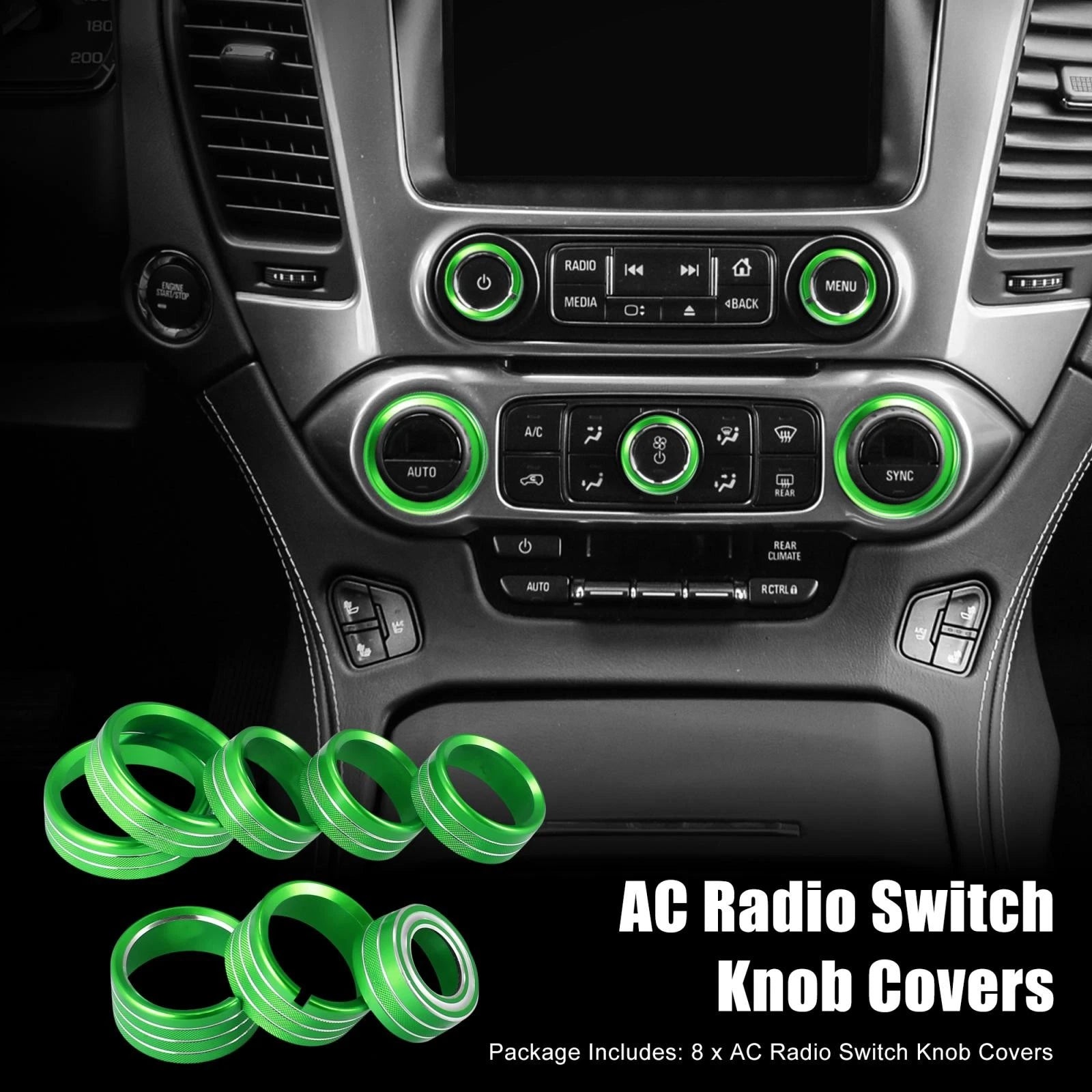 8 Pcs Green AC Radio Switch Knob Cover for Chevy Silverado, GMC Sierra (2014–2018)