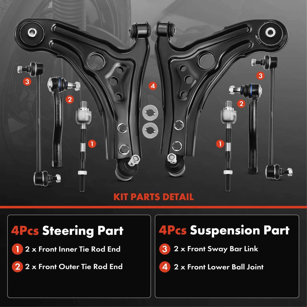 8x Front Control Arm Ball Joint Sway Bar Link Tie Rod for Chevy Aveo (2004-2011)