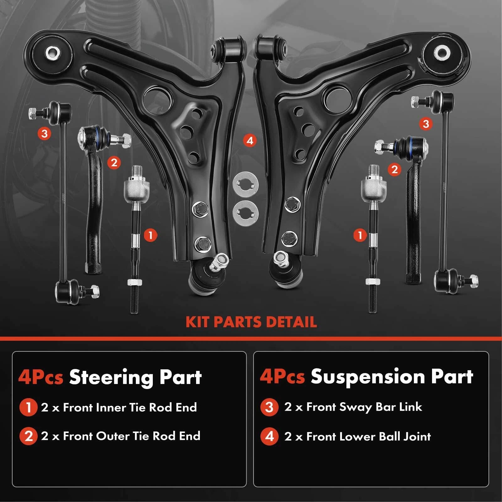 8x Front Control Arm Ball Joint Sway Bar Link Tie Rod for Chevy Aveo (2004-2011)