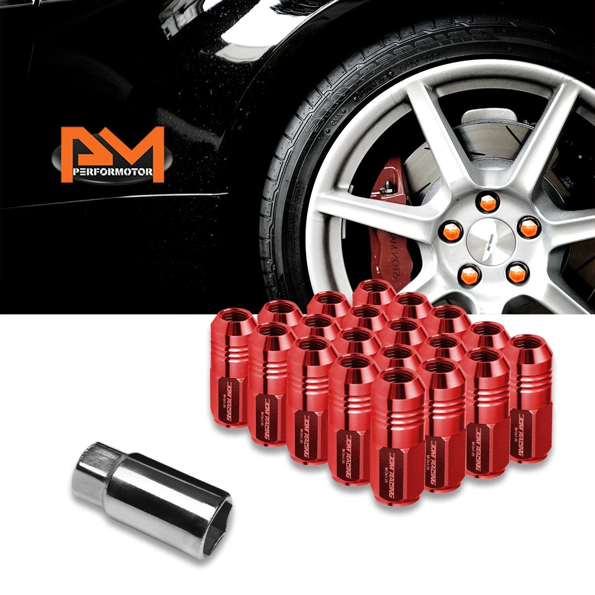 20Pc M12X1.25 Red JDM Closed End Cone Hex Lug Nuts for Wheel Rim