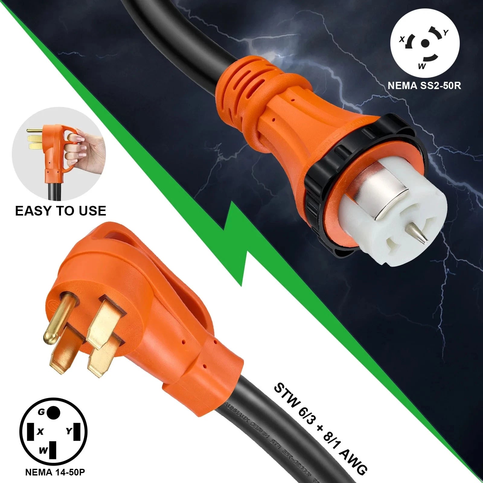 25FT 50 Amp Generator Power Cord for NEMA 14-50P to SS2-50R (2017–2024)