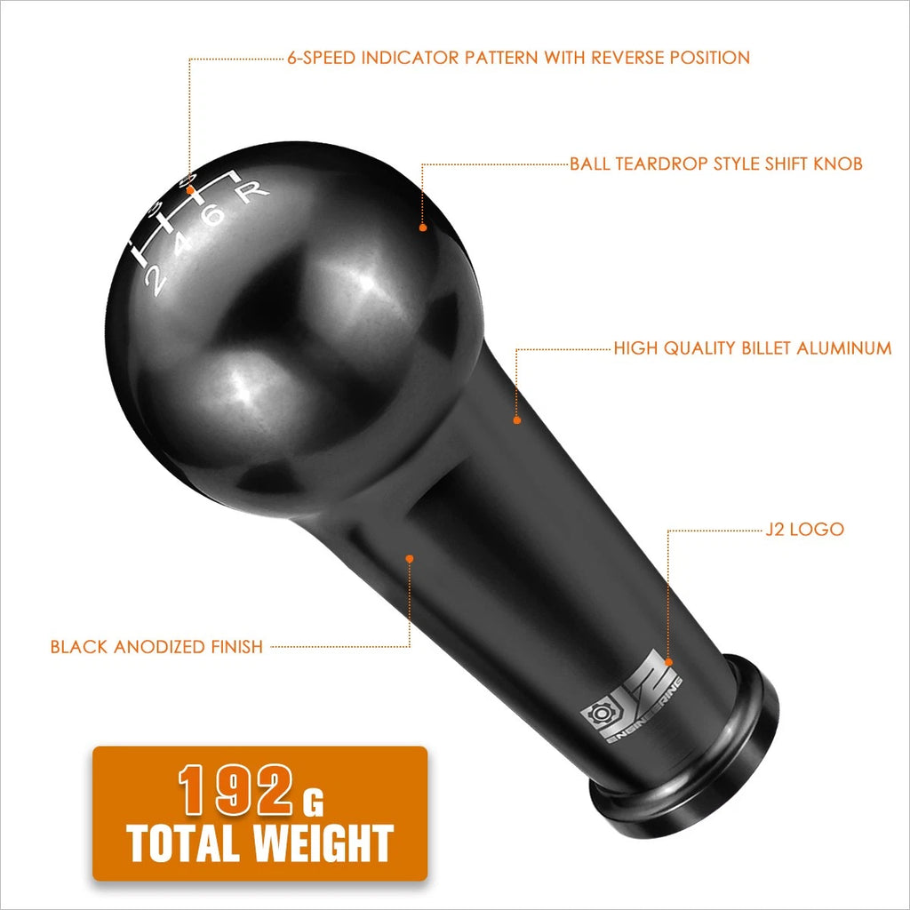 J2 Aluminum Ball Teardrop Shift Knob for 6-Speed MT (M8 M10 M12) Black