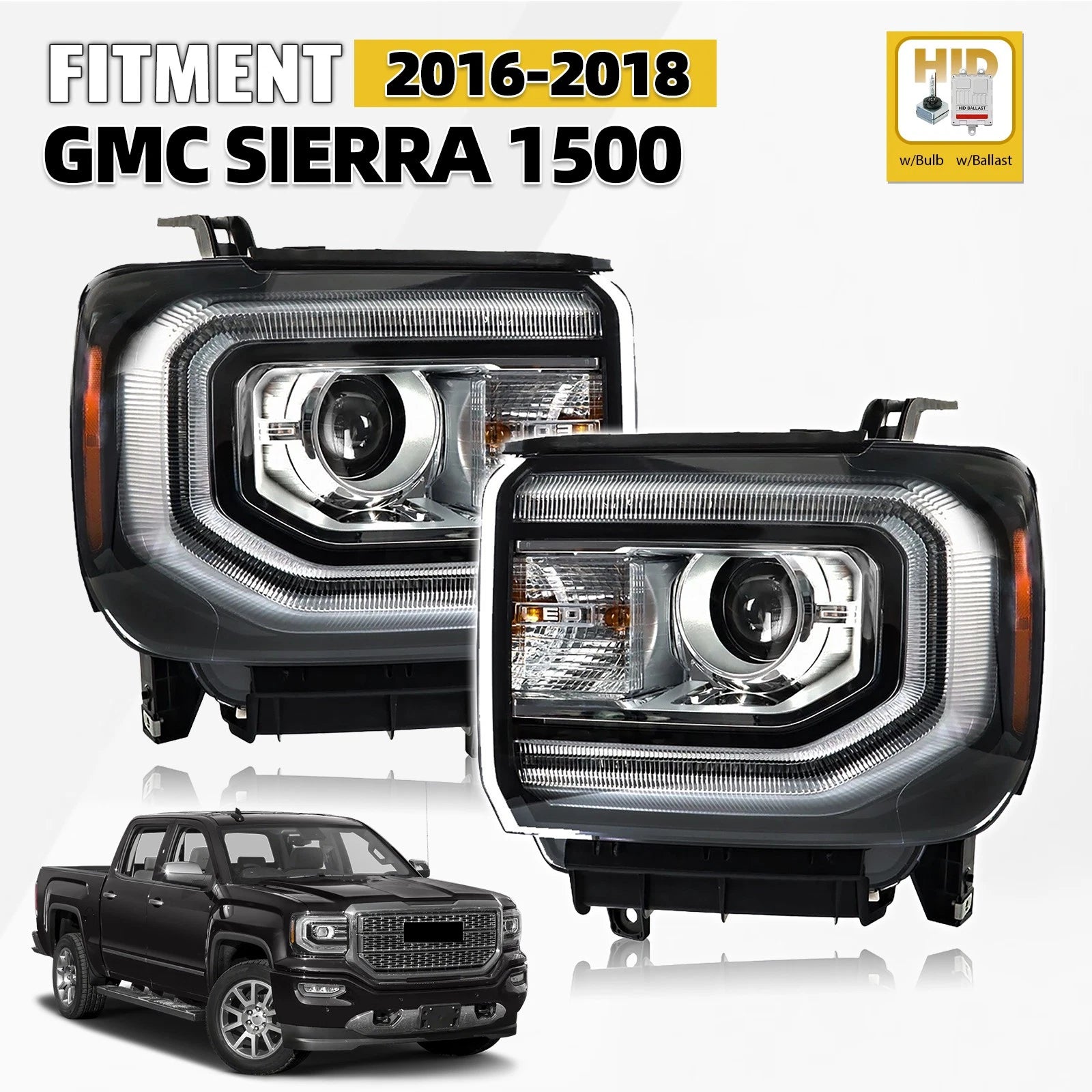 HID Headlight Set w/LED DRL & Bulb/Ballast for GMC Sierra 1500 (2016–2018)