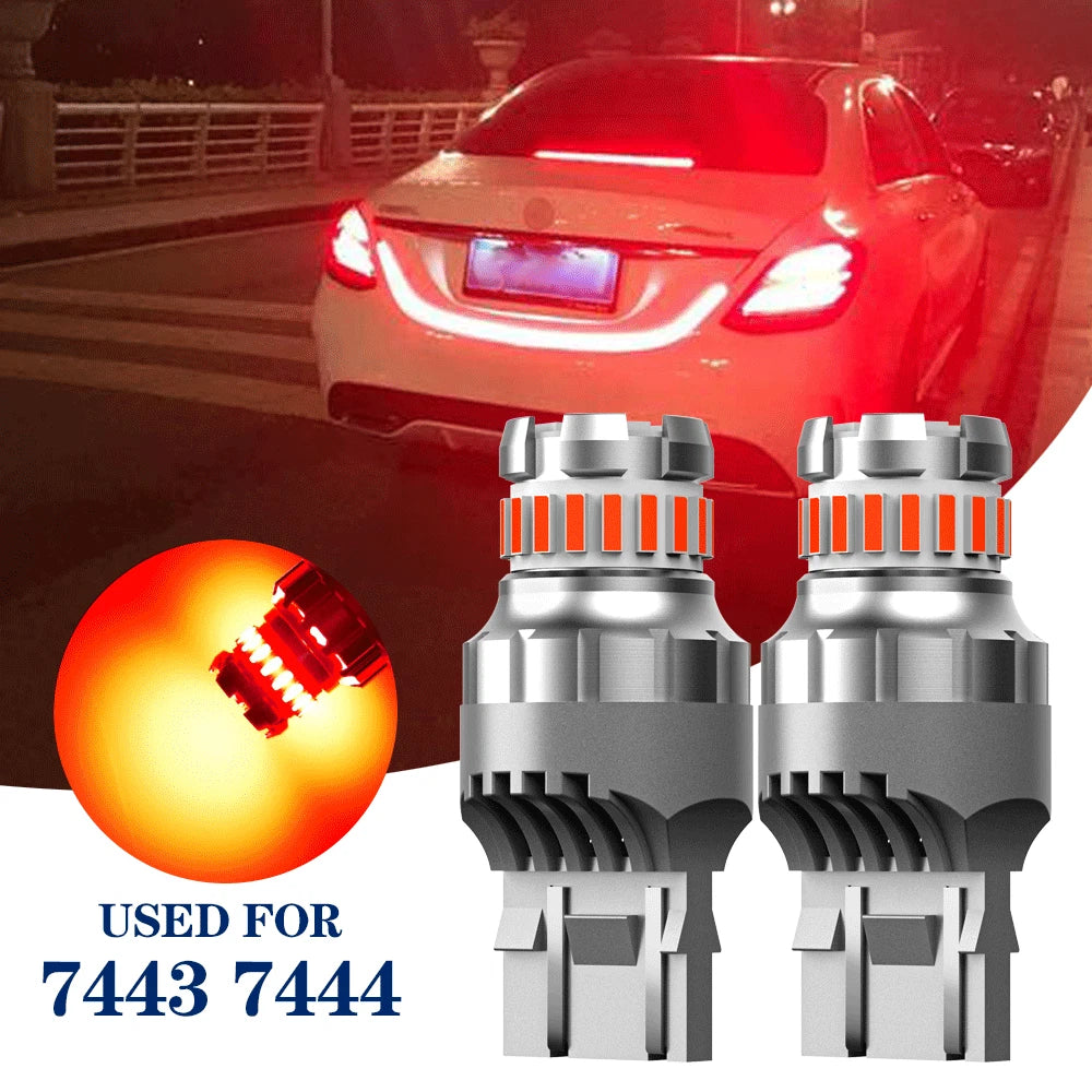 2X 7443 7440 LED Red Strobe Flash Brake Stop Tail Parking Light Bulbs