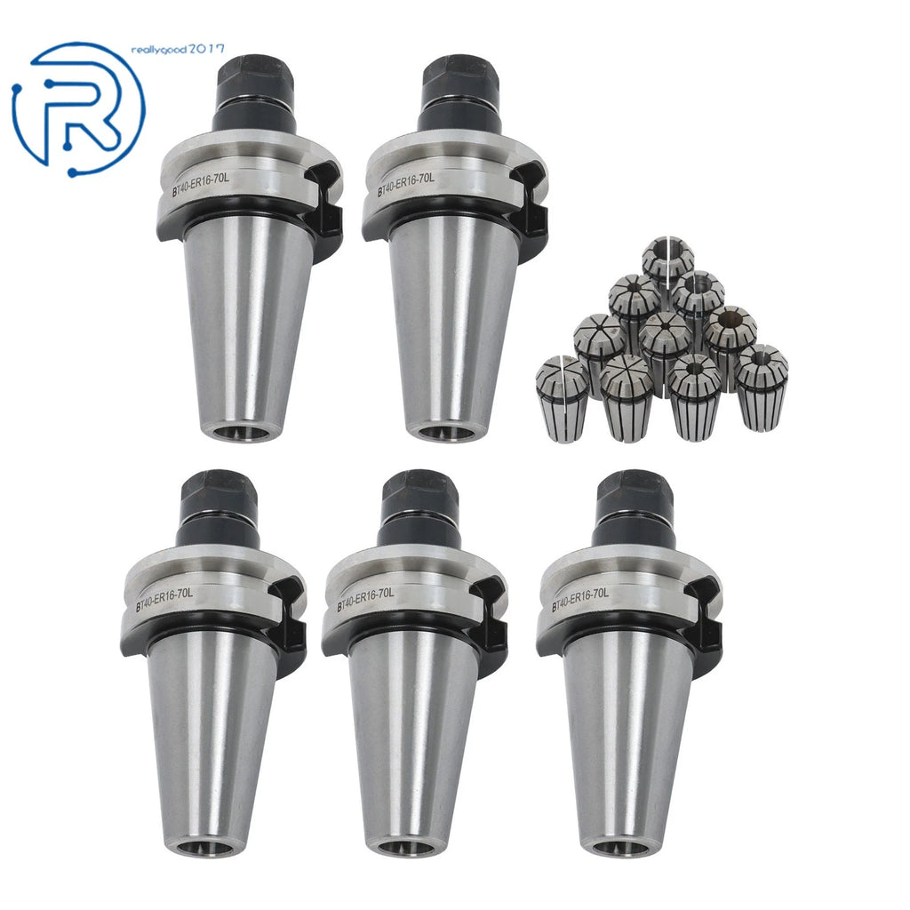 Set of 5 BT40 ER16 Collet Chucks & 10 ER16 Collets for CNC Milling