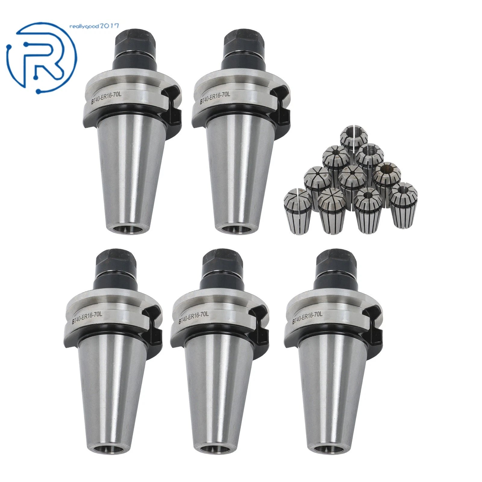 Set of 5 BT40 ER16 Collet Chucks & 10 ER16 Collets for CNC Milling