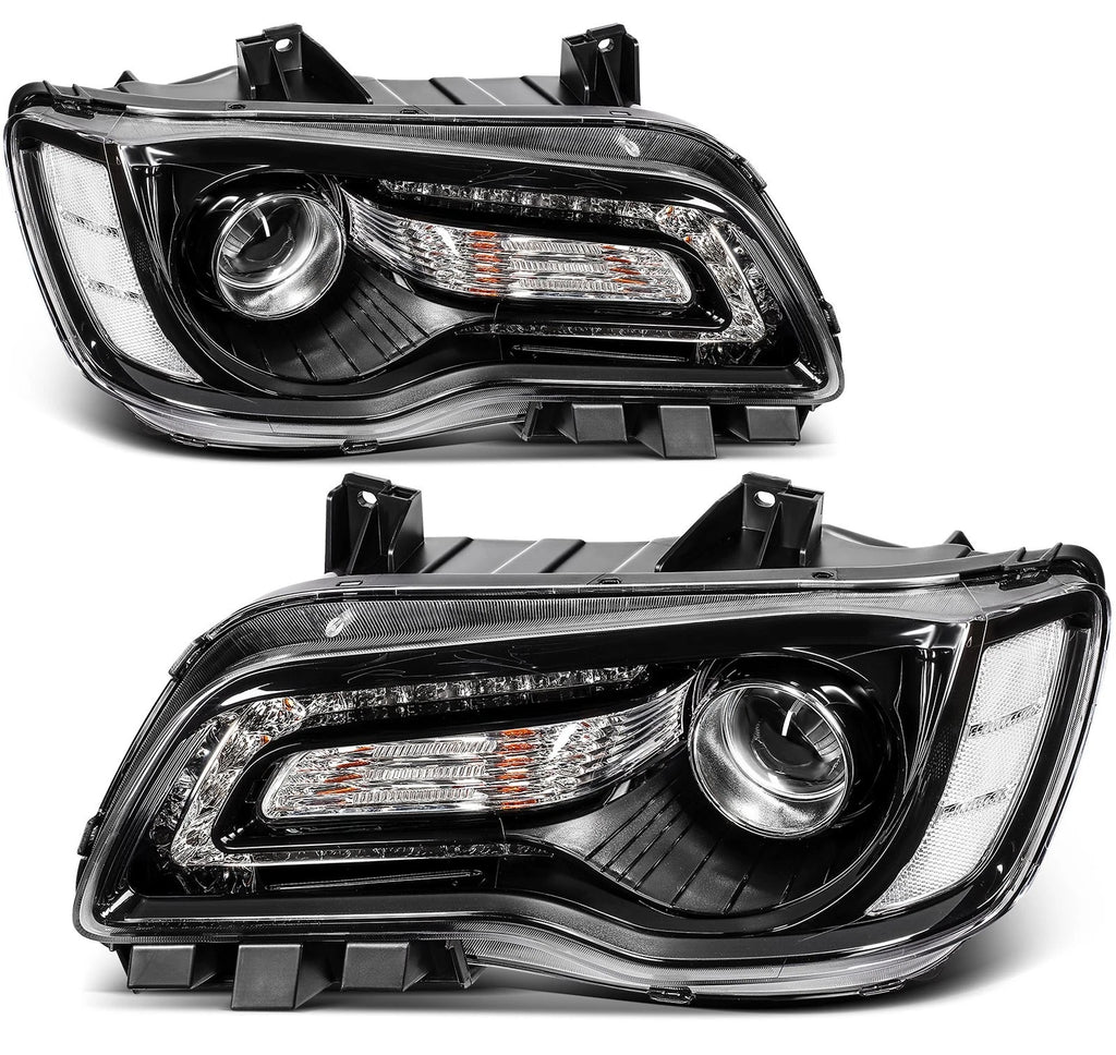 Set of 2 Black Halogen Headlights for Chrysler 300 (2015–2023)