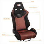 2X Reclinable Racing Bucket Seat with Sliders for Universal Fit (Mesh, Red Stitching)