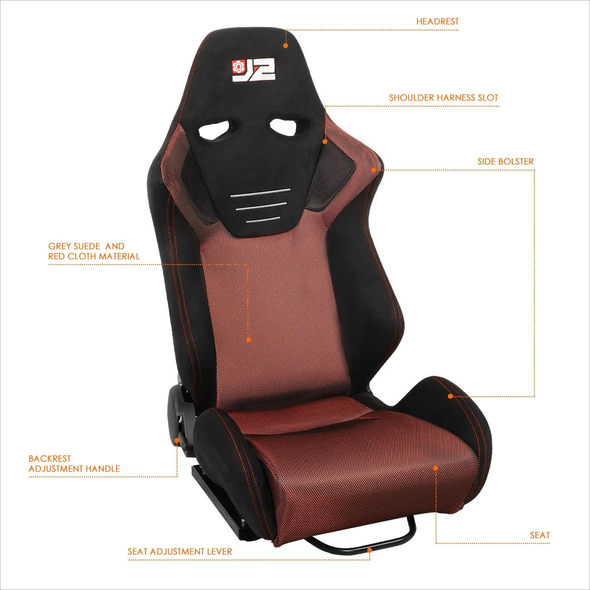 2X Reclinable Racing Bucket Seat with Sliders for Universal Fit (Mesh, Red Stitching)