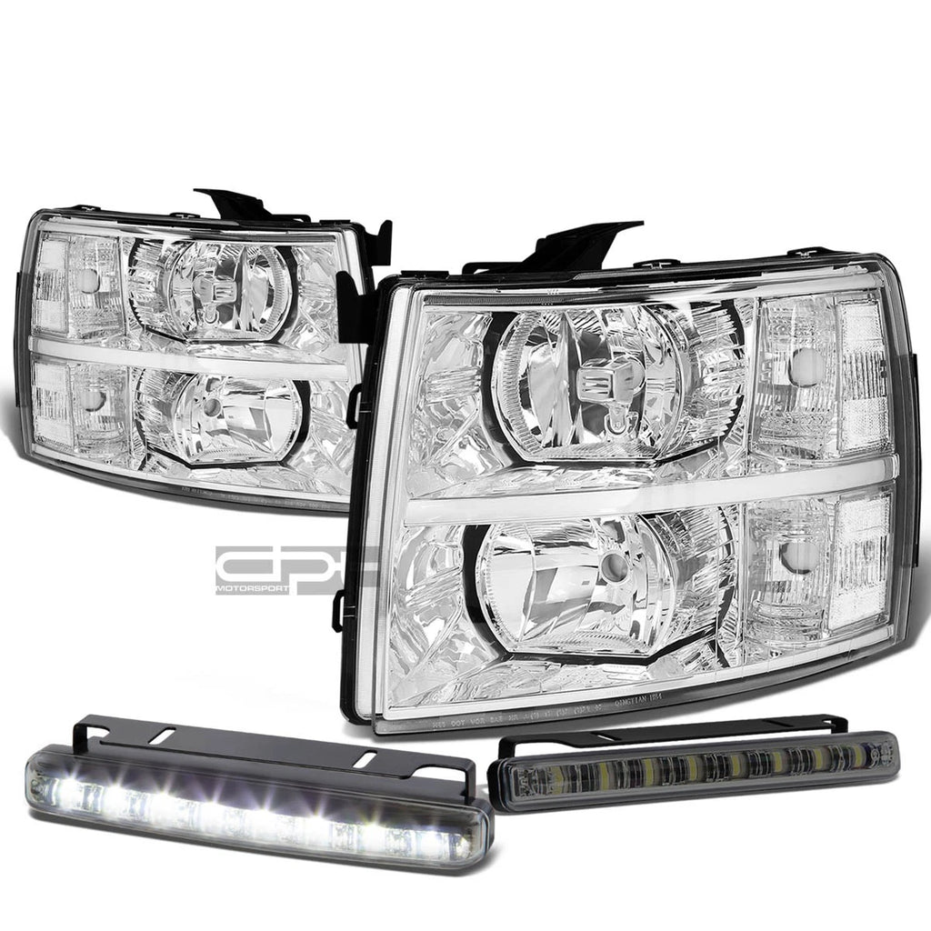 Chrome Housing Headlight + Clear Turn Signal + LED Fog Light Set for Silverado (2007–2013)