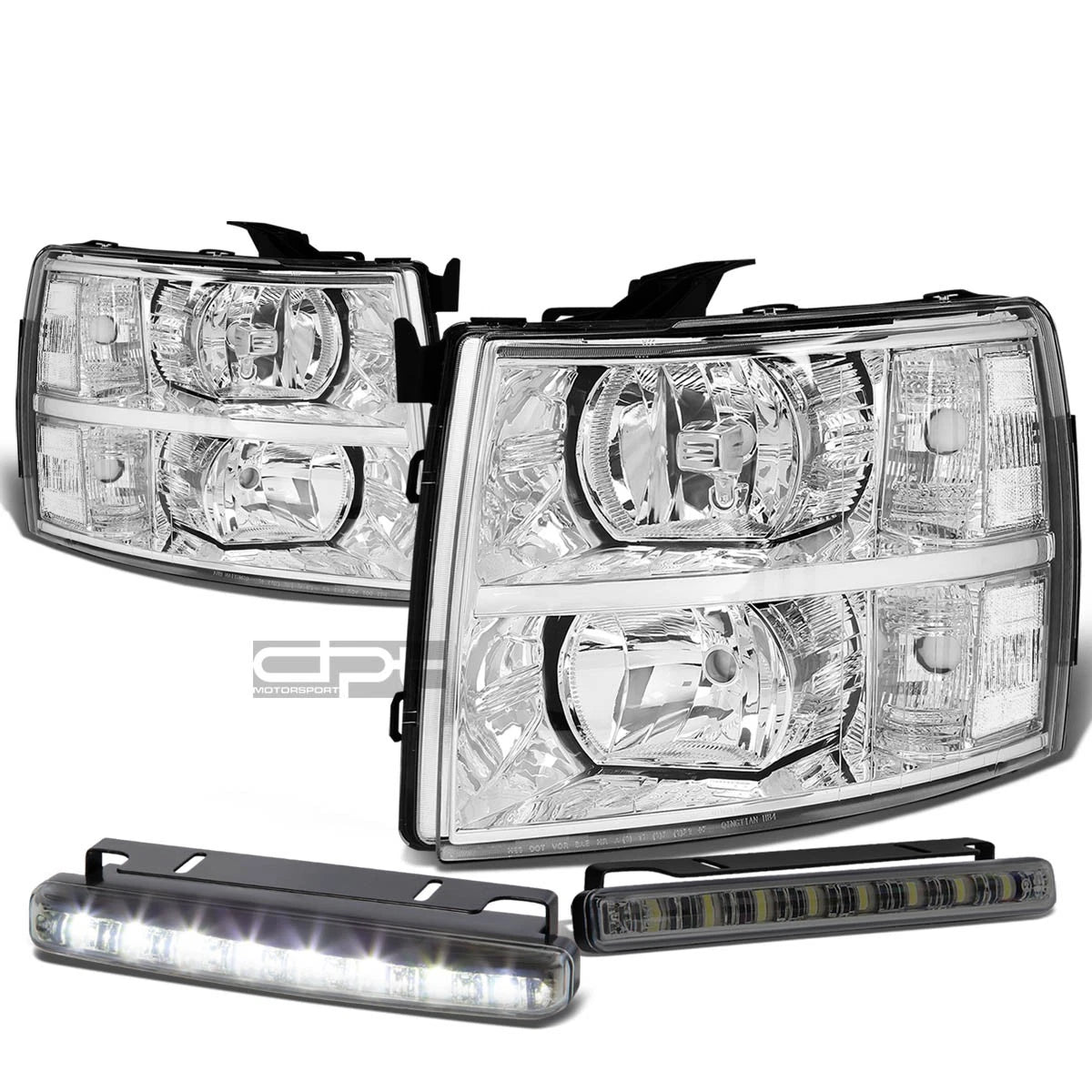 Chrome Housing Headlight + Clear Turn Signal + LED Fog Light Set for Silverado (2007–2013)
