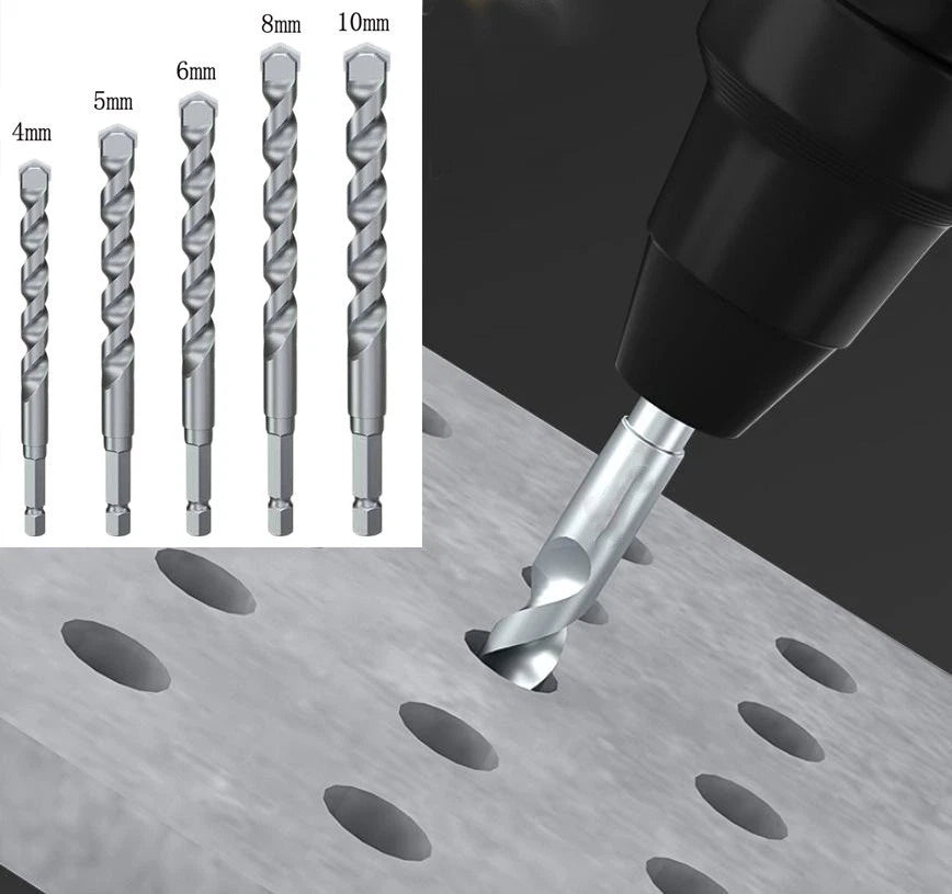 Set of 5 Carbide Drill Bits (4mm, 5mm, 6mm, 8mm, 10mm) Hex Shaft for Concrete