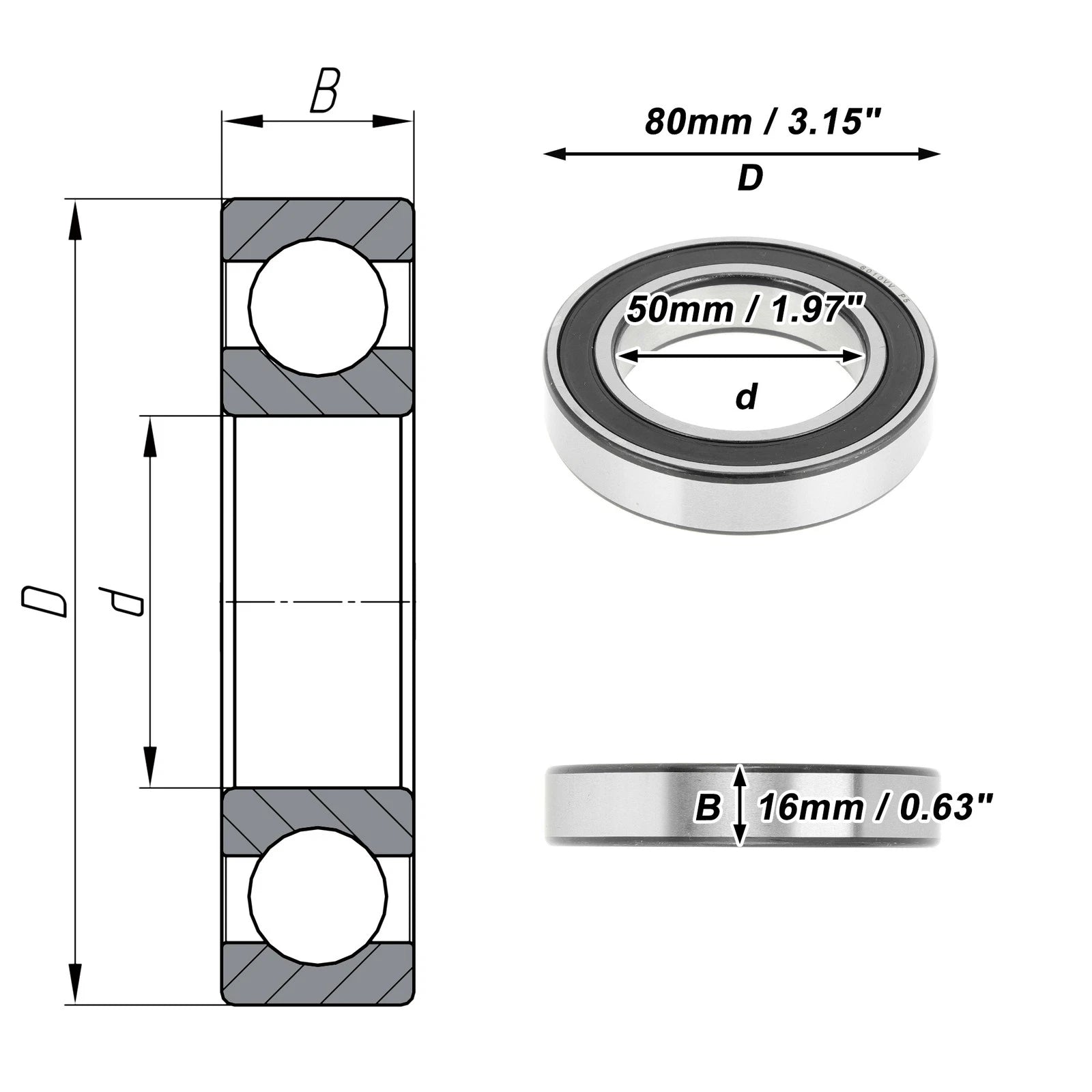 Deep Groove Ball Bearing 6010VV for Scooter Skateboard Wheel (50x80x16mm)