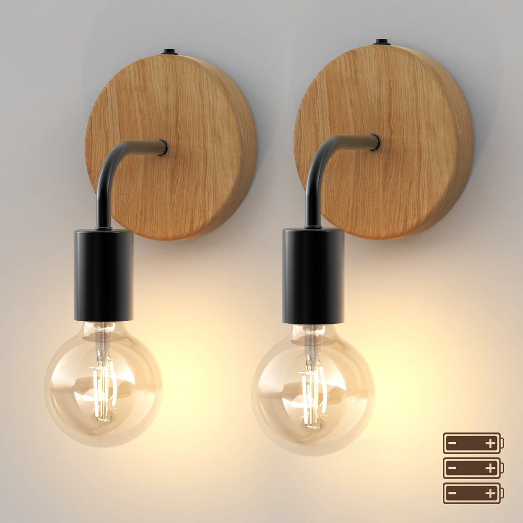 2X Wireless Wall Sconces Farmhouse LED Lights Fixture Rustic Wood