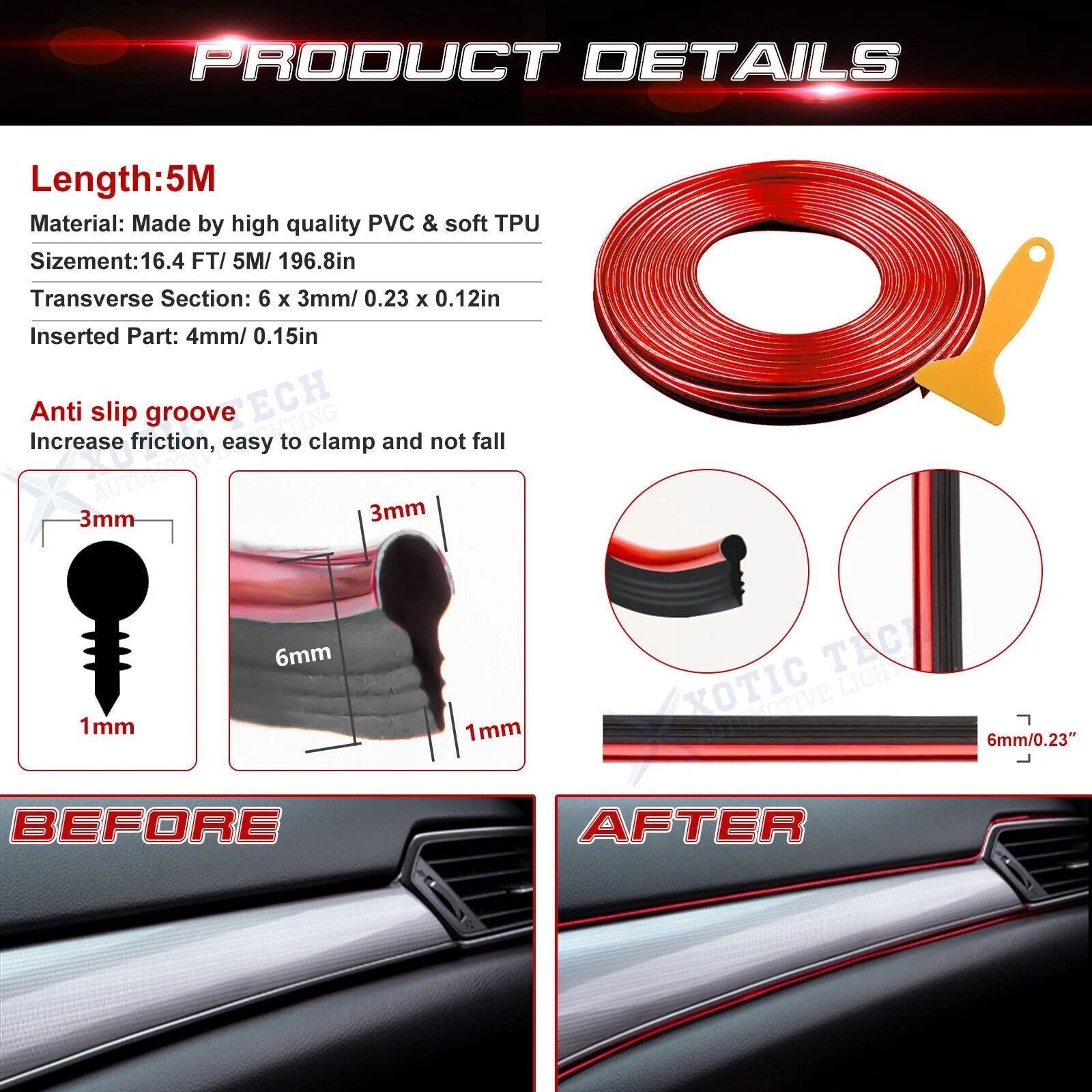 Red Interior Door Gap Edge Line Insert Molding Trim for 16ft (2024-2024)