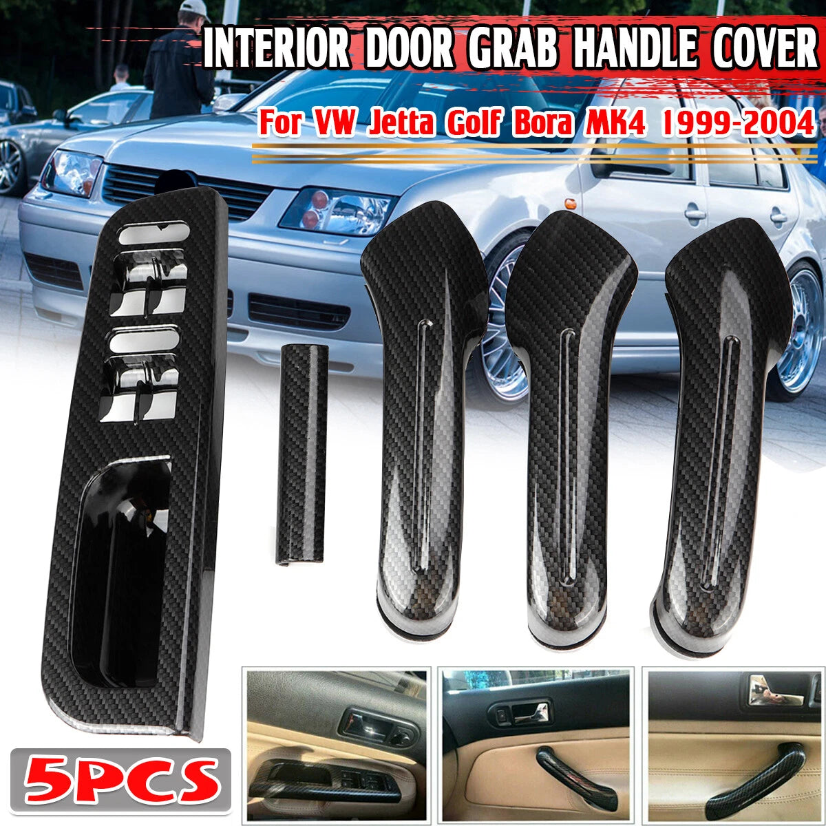 Set of 2 Interior Door Grab Handle Covers for Jetta Golf MK4 (1999–2004) Carbon Pattern