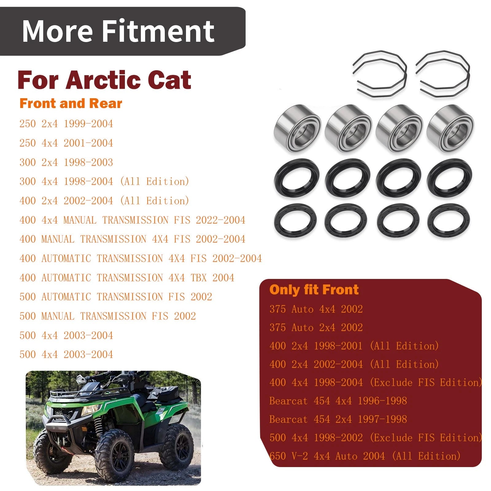 Front Rear Wheel Hub Bearings Seals Kit for Arctic Cat 300 2x4 4x4 (1998–2004)