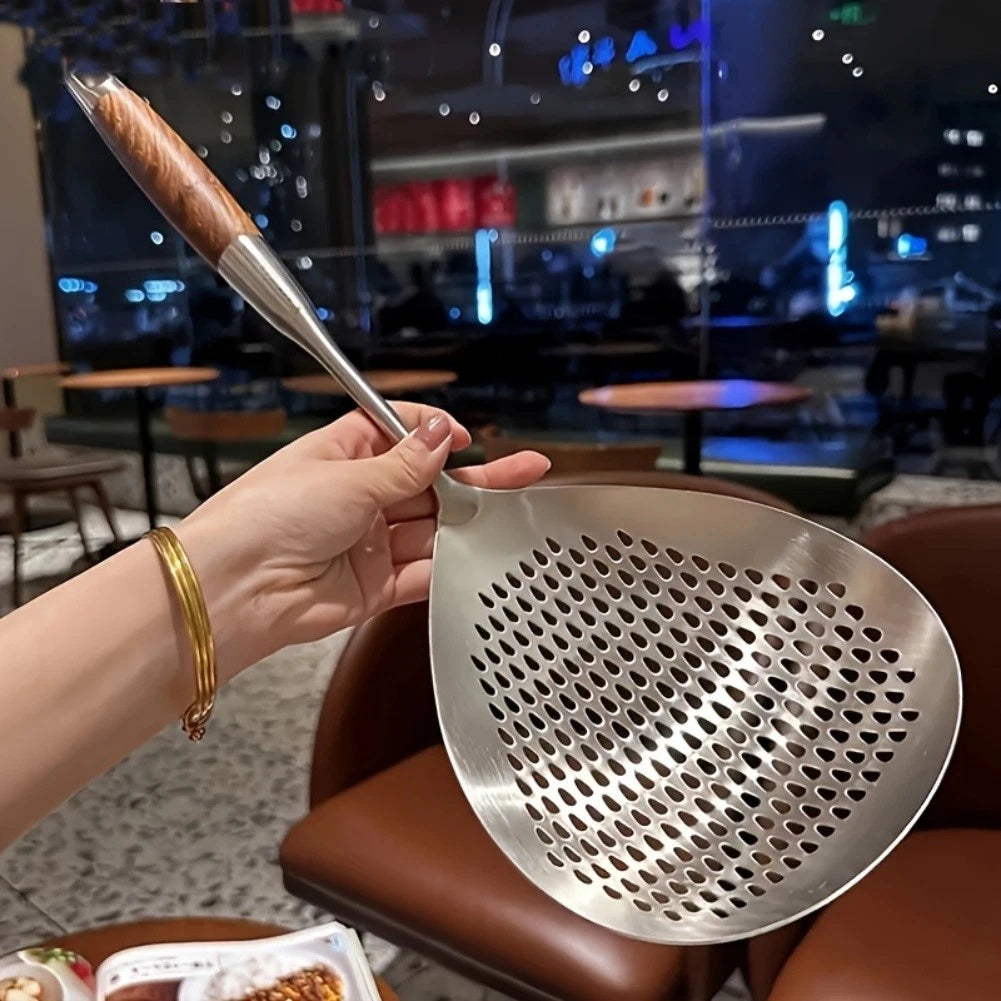Stainless Steel Skimmer with Ergonomic Wooden Handle for Frying & Pasta