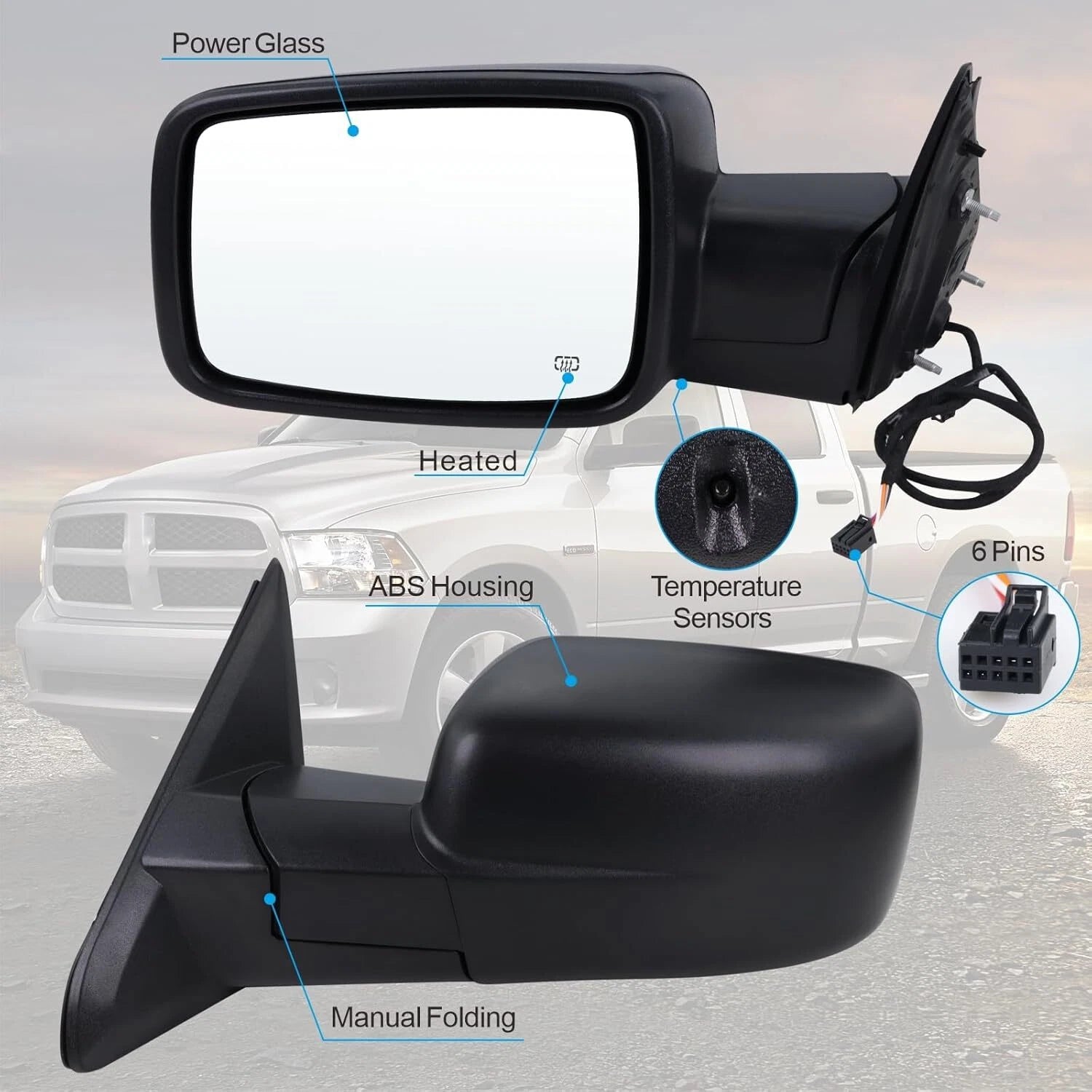 Driver Side Mirror for Dodge Ram 1500 (2013–2019) - Manual Fold, Heated, Temp Sensor