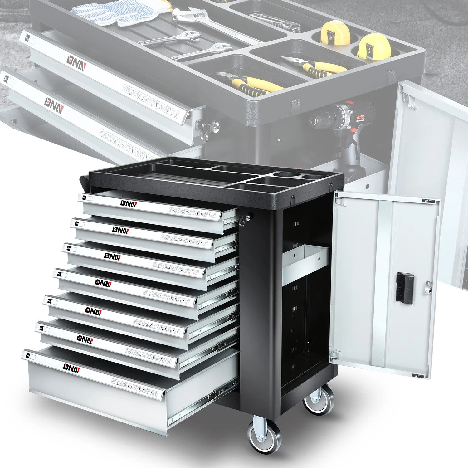 7 Drawer Portable Tool Cabinet with Locking System for Universal Use
