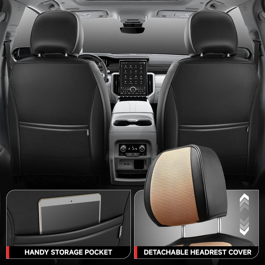 Set of 2 Front Row Seat Cover Protectors for Universal Car SUV (Beige/Black)