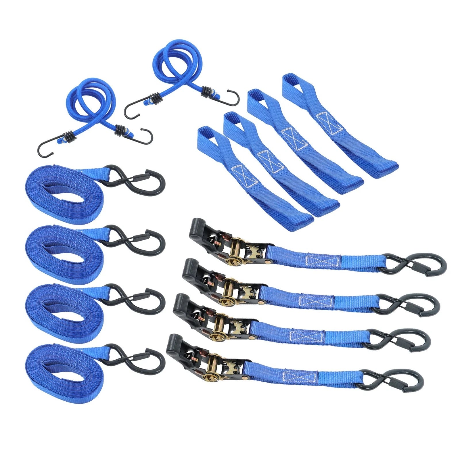 Set of 4 Ratchet Straps with 2200lbs Strength, 1in x 15ft S Hook