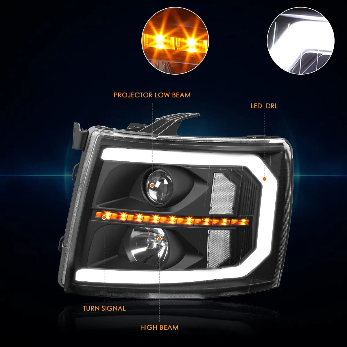C-Bar LED DRL + Sequential Turn Signal Projector Headlights for Silverado (2007–2014)