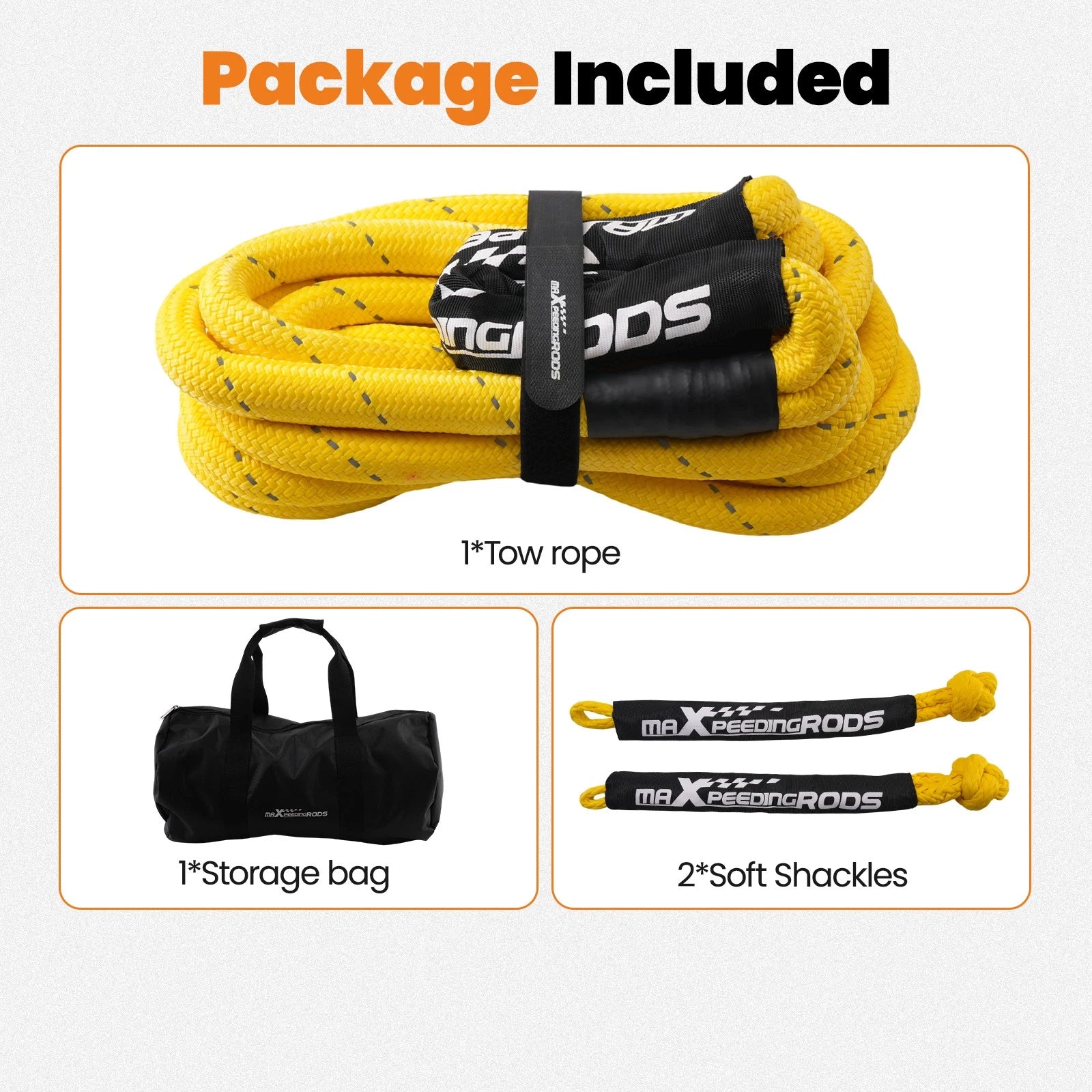 1in x 30ft Recovery Tow Rope for SUV Truck (30864lbs, 2 Soft Shackles)
