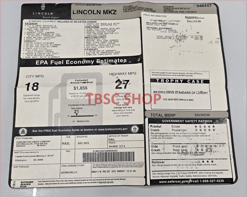 Window Sticker for Lincoln MKZ (2010)