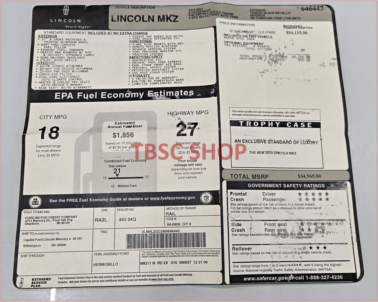 Window Sticker for Lincoln MKZ (2010)