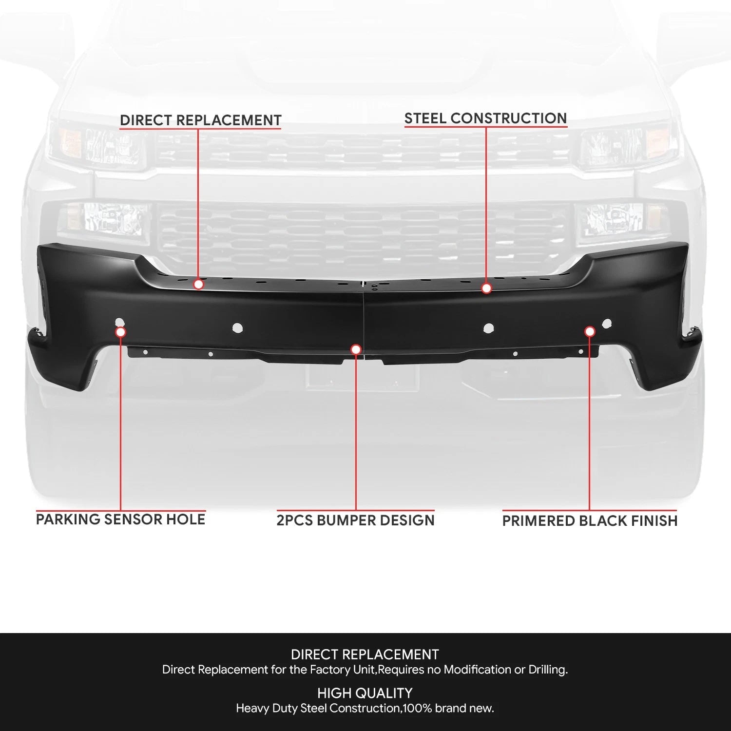 Front Bumper Face Bar for Chevy Silverado 1500 LTD (2019–2022) w/ Sensor Holes