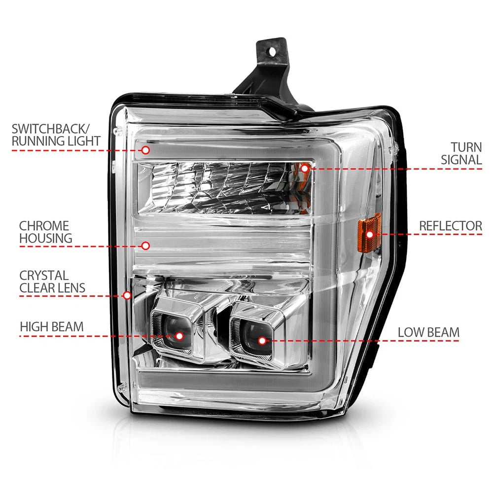 Chrome Clear Lens Headlights w Switchback Left Right for Ford F-250 (2008–2010)
