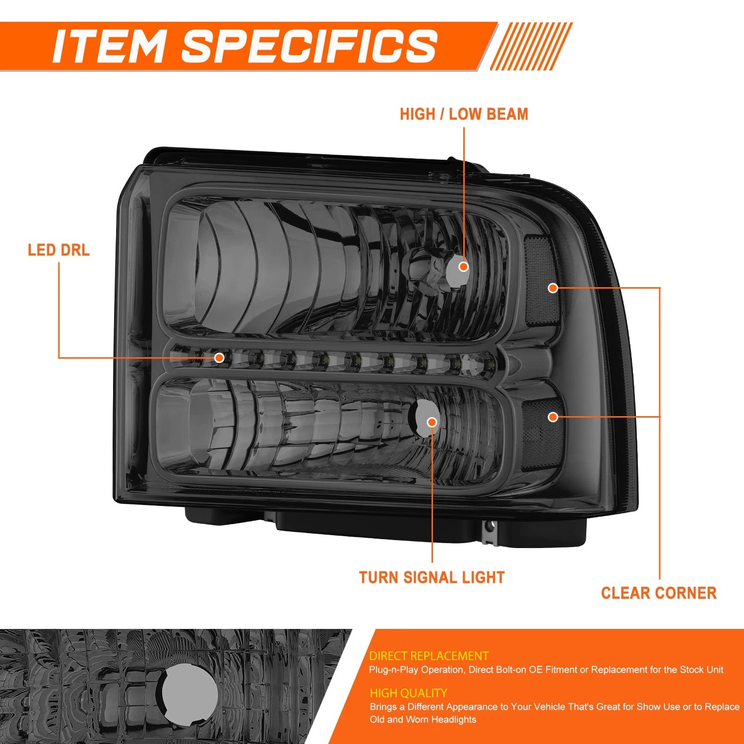 LED DRL Chrome/Smoked Headlights for Ford F250-F550 Super Duty (2005–2007)