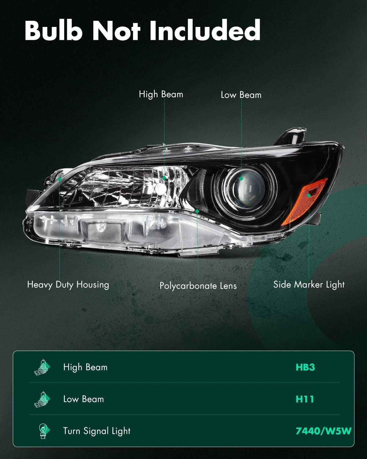 Set of 2 Headlight Assemblies for Toyota Camry (2015–2017) Black Projector