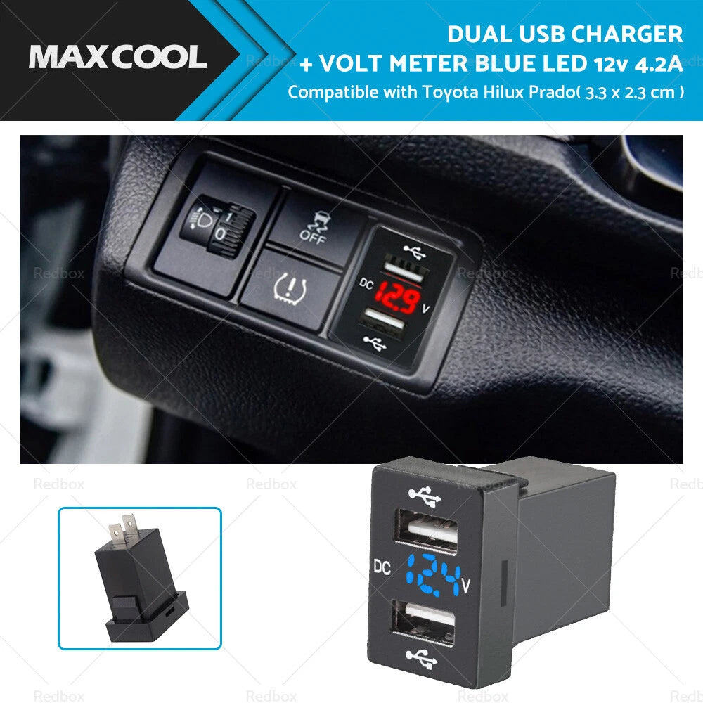 Dual USB Charger + Volt Meter for Toyota Hilux Prado Corolla (12V, 4.2A)