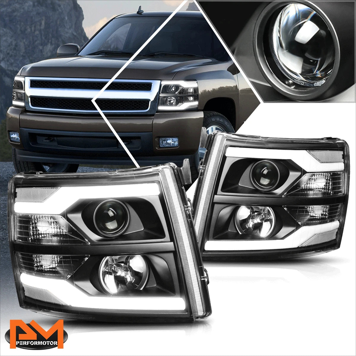 LED DRL Chrome Housing Headlight Set for GMC Sierra (2007–2014)