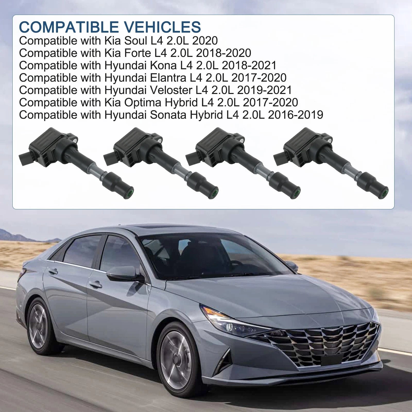 Set of 4 Ignition Coils for Hyundai Elantra Kona Sonata Kia Forte Optima (2011–2020)