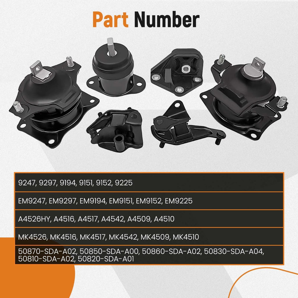 6Pcs Motor & Trans Mount Set for Honda Accord (2003–2007) A4517 A4526HY