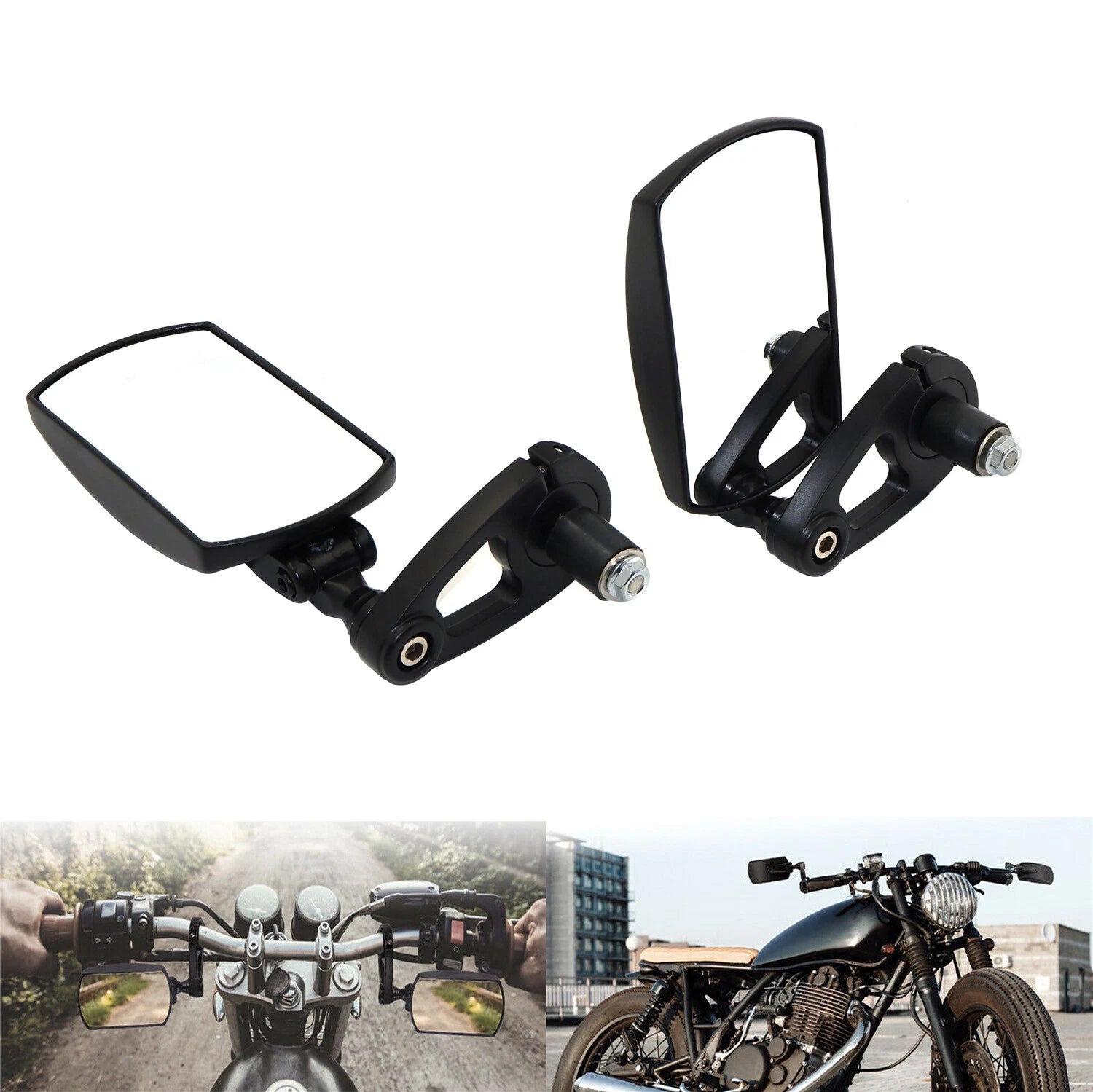 2X Black 7/8" 22mm Rectangle CNC Motorcycle Rear View Mirrors for