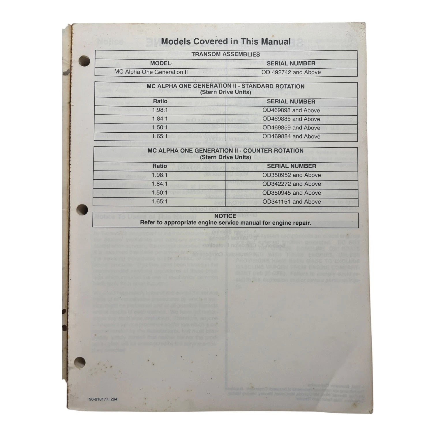 Stern Drive Unit Service Manual for MerCruiser Alpha 1 Gen 2 (1994)