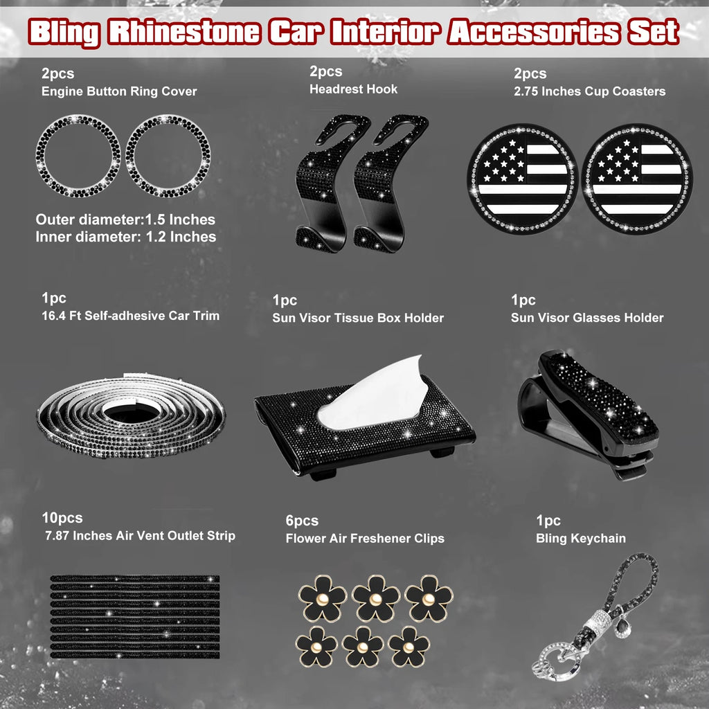 Black Rhinestone Universal Car Interior Decor Set for Women Girls (-)