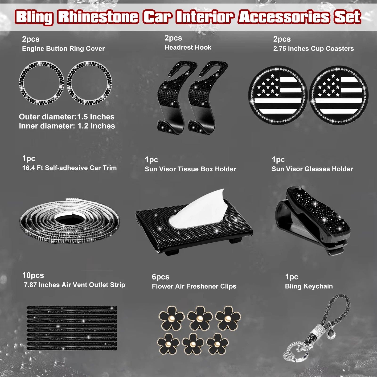 Black Rhinestone Universal Car Interior Decor Set for Women Girls (-)
