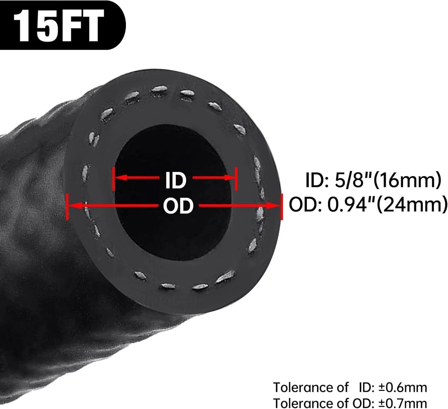 5/8" Fuel Hose Line for Various Models (15FT, Rubber, Push Lock)