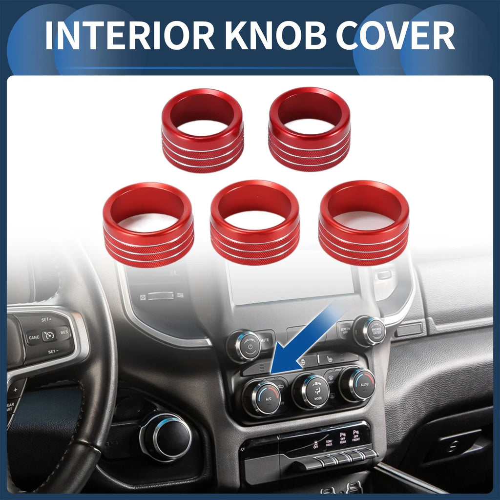 Set of 5 AC Media Volume Switch Knob Cover Rings for Dodge RAM (2018–2022) Red