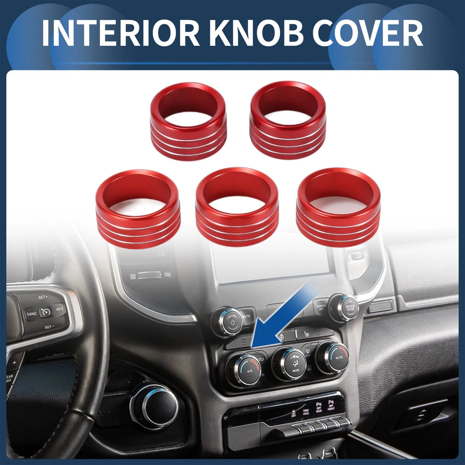 Set of 5 AC Media Volume Switch Knob Cover Rings for Dodge RAM (2018–2022) Red