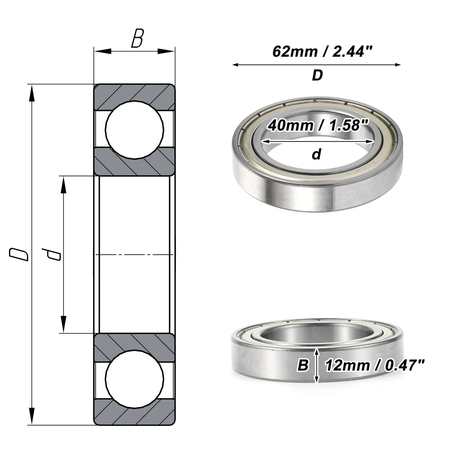 6908ZZ Deep Groove Ball Bearing for Scooter Skateboard Wheel (40x62x12mm)